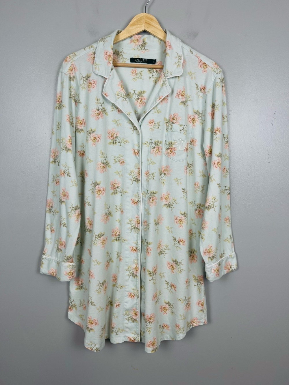 Lauren Ralph Lauren pale green floral 100% cotton button front sleepshirt, large